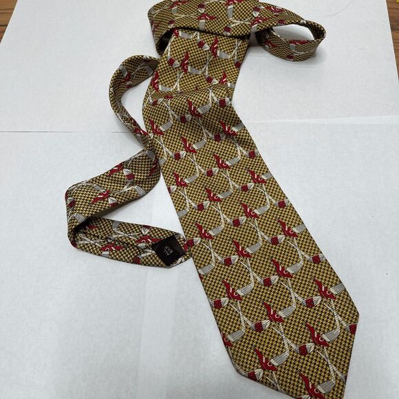 Tom James Men's Golf Tie 100% Silk Gold Houndstooth Pattern - Picture 2 of 7